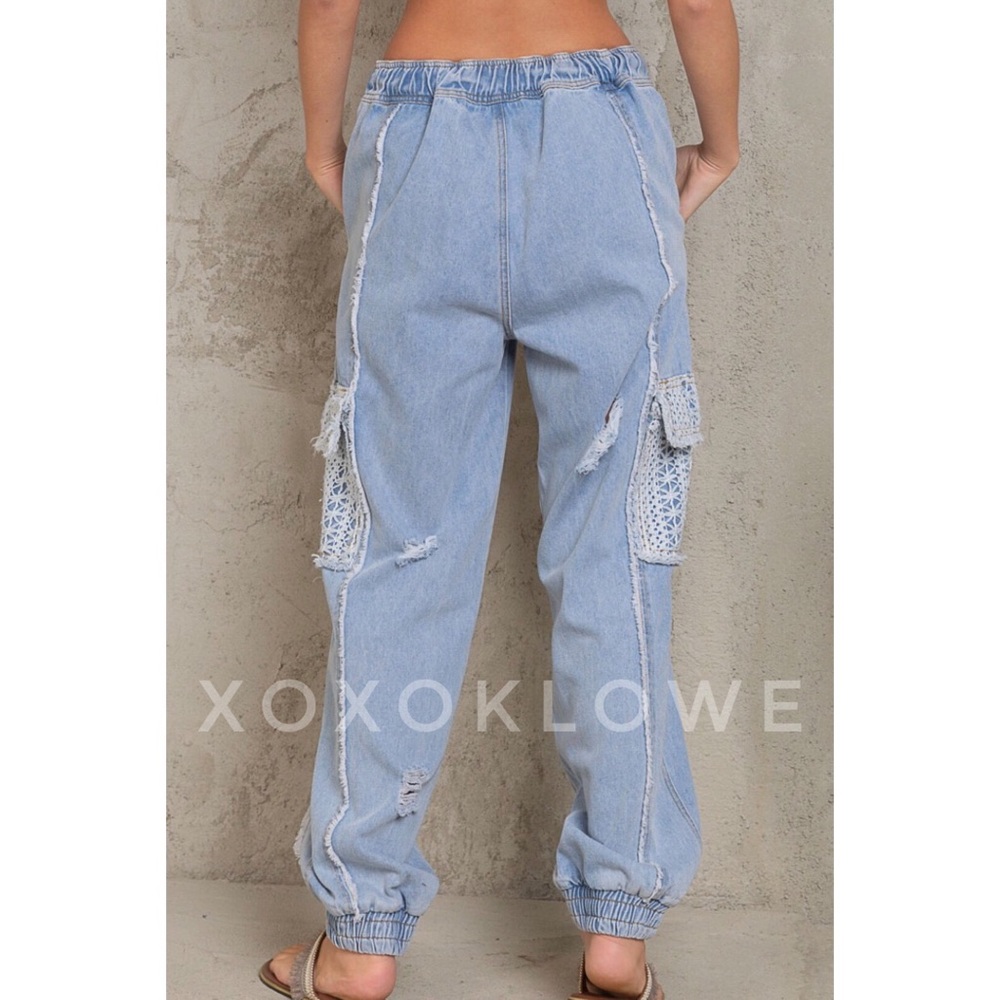 LAST ONE POL Slouchy Denim Jogger Jeans Lace Pockets Distressed - Picture 12 of 16